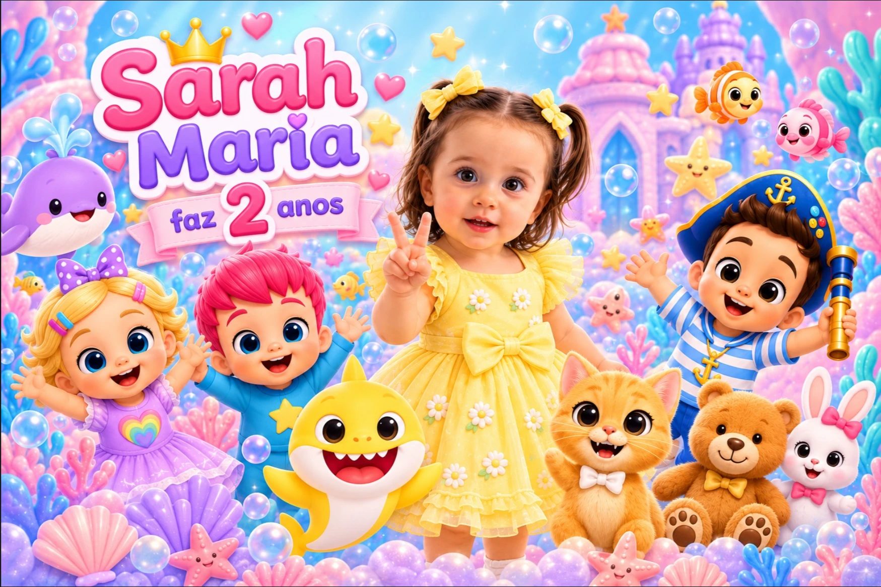 Convite: Sarah Maria faz 2 anos, com amiguinhos no fundo do mar
